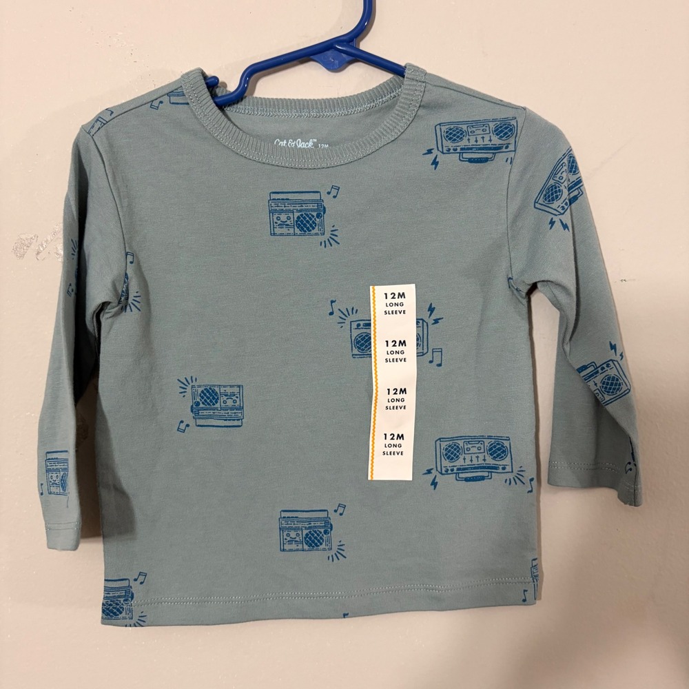 Cat & Jack Boombox Print Long Sleeve Tee Baby 12M Blue New Tags Retro Music